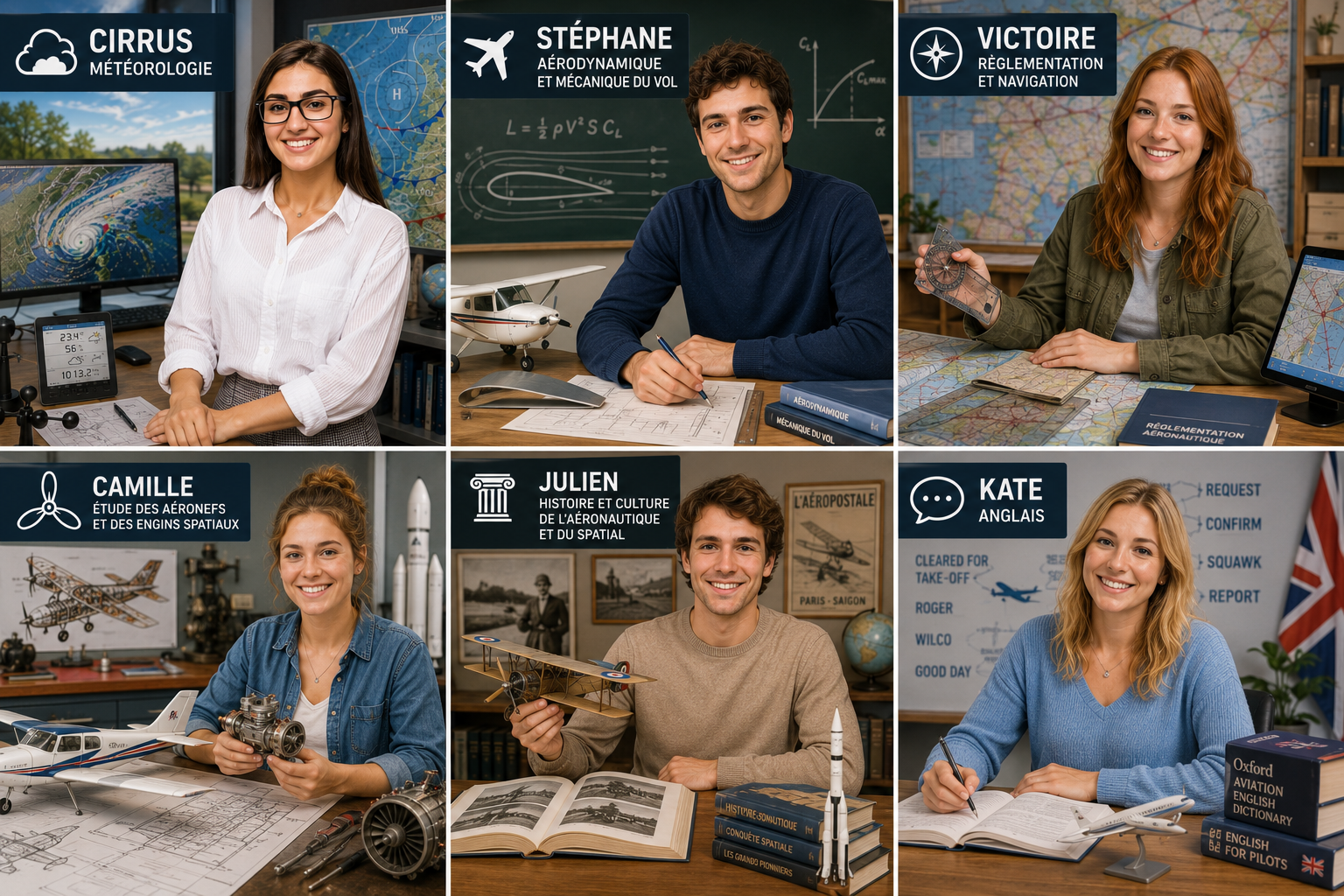 Les six professeurs virtuels BIA de BIA-aero.fr : Cirrus, Stéphane, Victoire, Camille, Julien et Kate, dédiés aux cinq matières du BIA et à l’option anglais.